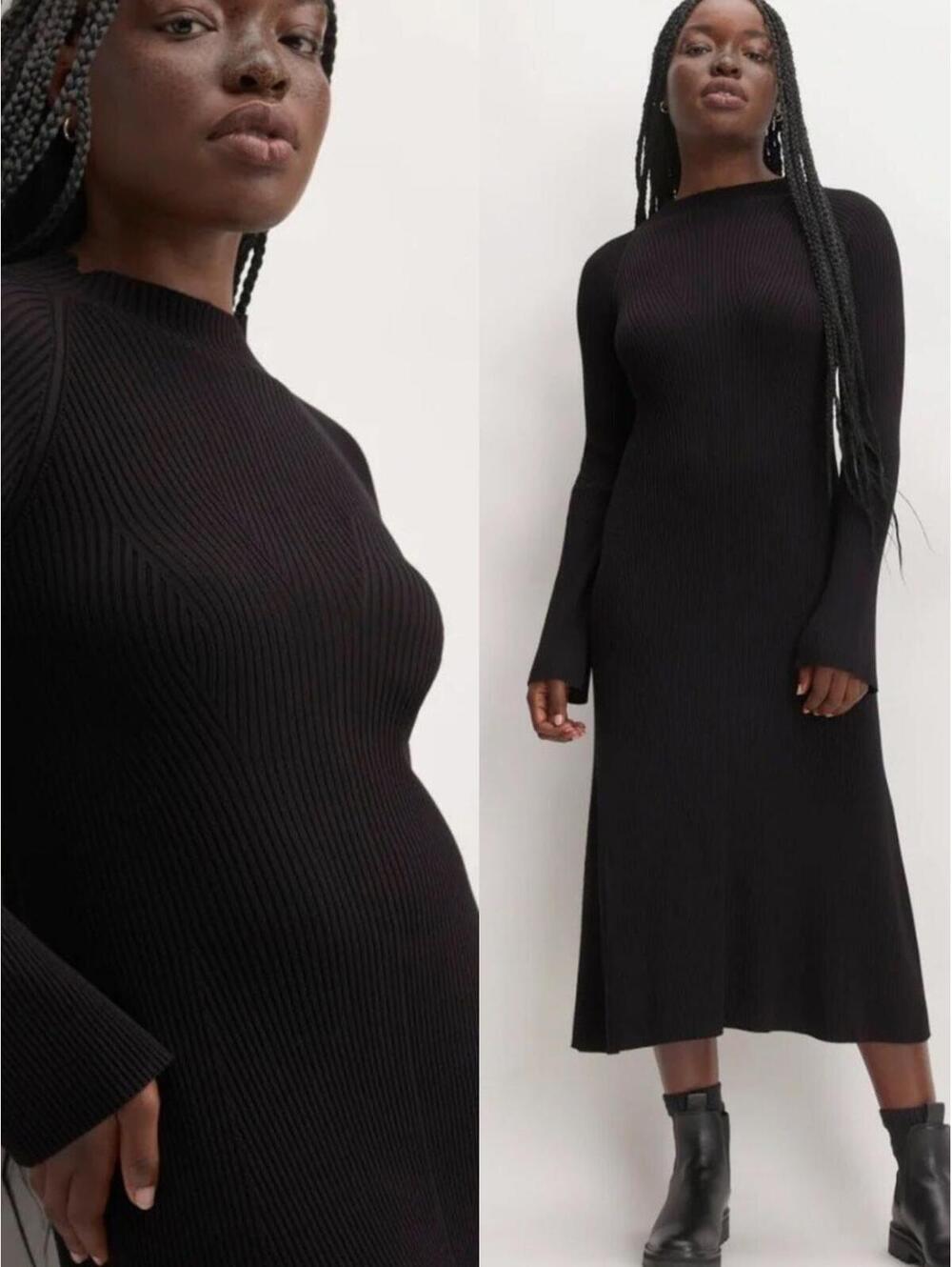 Everlane Ribbed Mock Neck Midi Dress Black Long Sleeve Minimal S